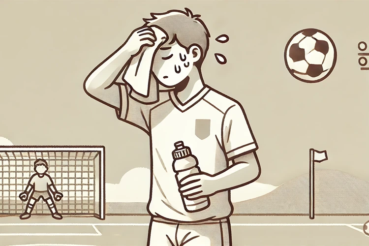 Soccer player wiping sweat after an intense practice while holding a water bottle.