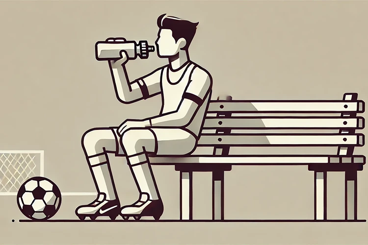 Soccer player taking a break with a sports drink on the bench.